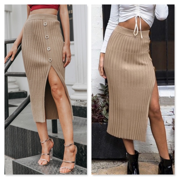 Khaki Rib Knit High Slit Buttoned Midi Skirt - Picture 5 of 9